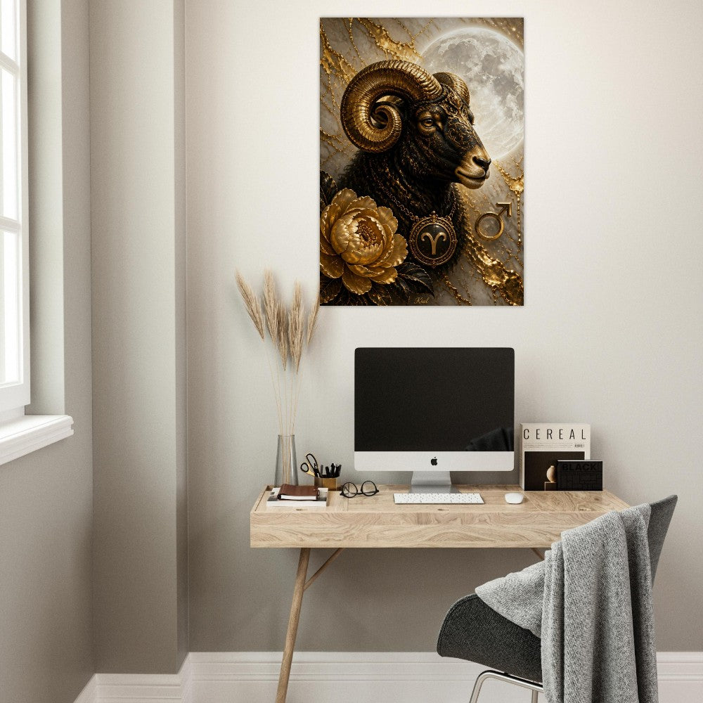 Aries Zodiac Ram Poster, Gold Wall Art, Astrology Canvas, Ram Portrait, Zodiac Gift for Her, Danish Art Studio