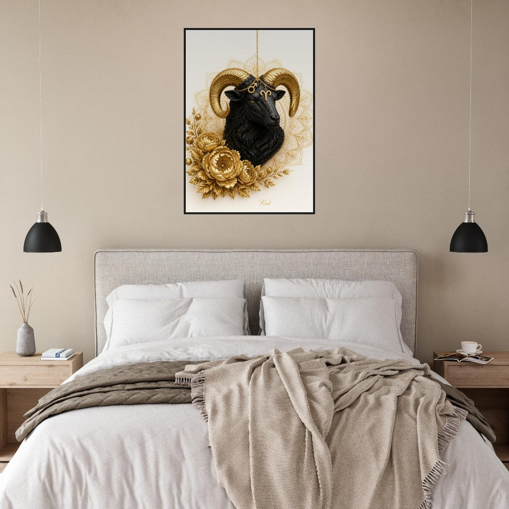 Aries Zodiac Ram Poster, Gold Wall Art, Astrology Canvas, Ram Portrait, Zodiac Gift for Him, Danish Art Studio