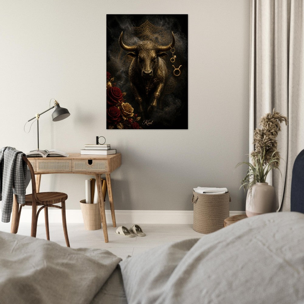 Taurus Zodiac Bull Poster, Gold Wall Art, Astrology Canvas, Bull Portrait, Zodiac Gift for Him, Danish Art Studio