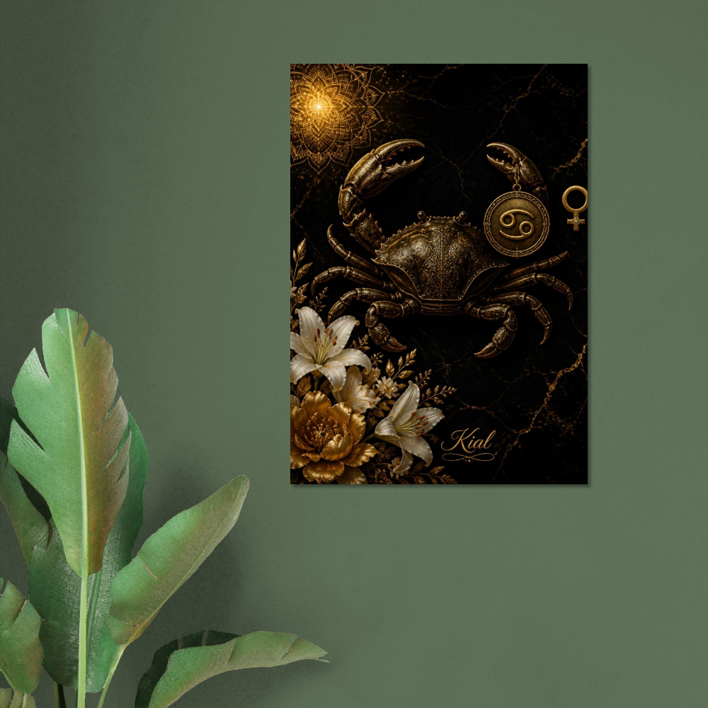 Cancer Zodiac Crab Poster, Gold Wall Art, Astrology Canvas, Crab Portrait, Zodiac Gift for Her, Danish Art Studio
