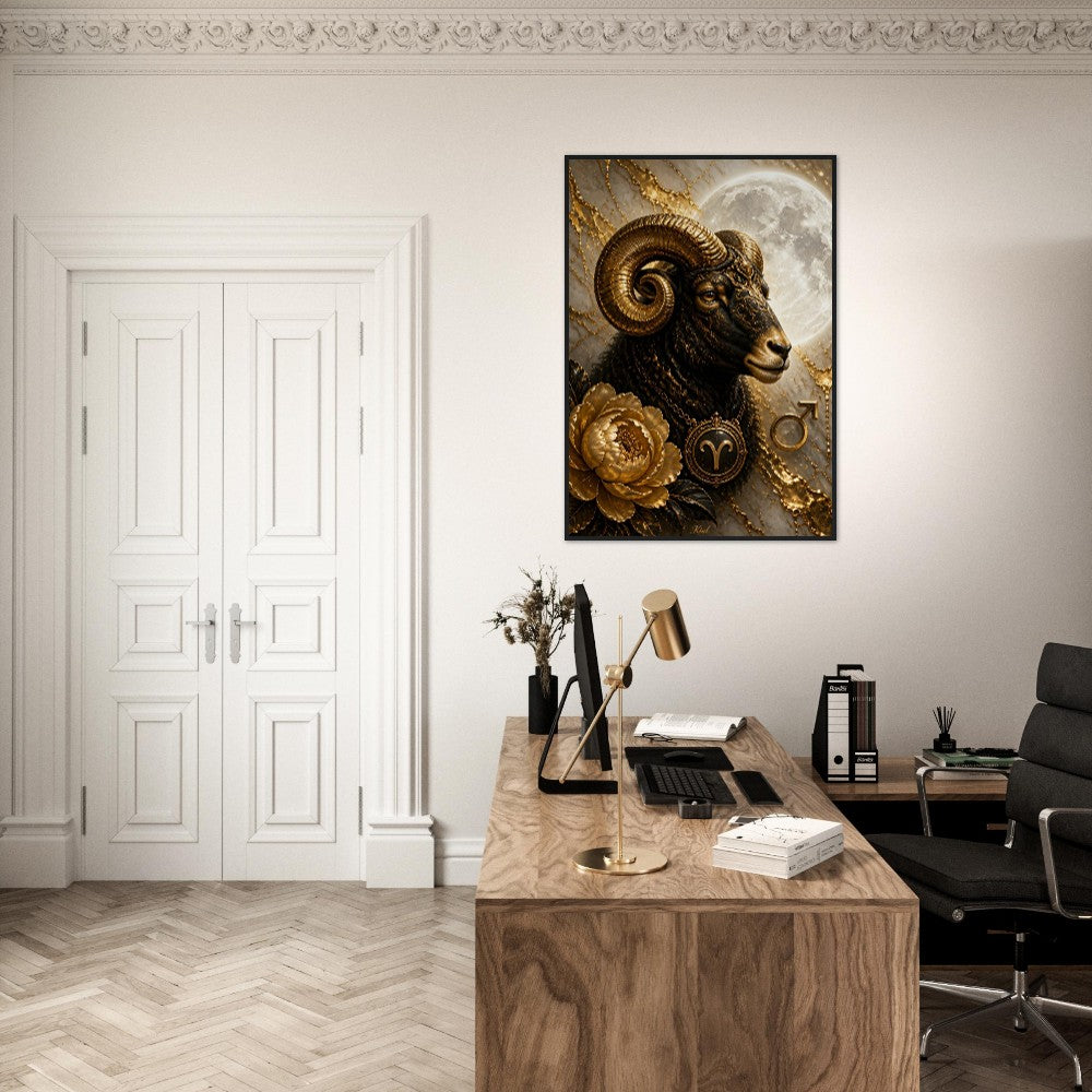 Aries Zodiac Ram Poster, Gold Wall Art, Astrology Canvas, Ram Portrait, Zodiac Gift for Her, Danish Art Studio