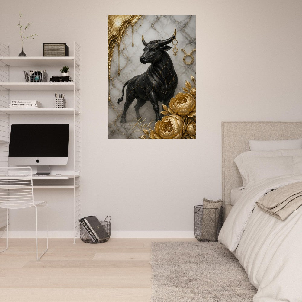 Taurus Zodiac Bull Poster, Gold Wall Art, Astrology Canvas, Bull Portrait, Zodiac Gift for Her, Danish Art Studio