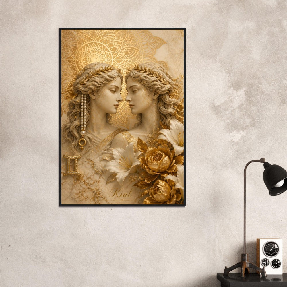 Gemini Zodiac Twins Poster, Gold Wall Art, Astrology Canvas, Twins Portrait, Zodiac Gift for Her, Danish Art Studio