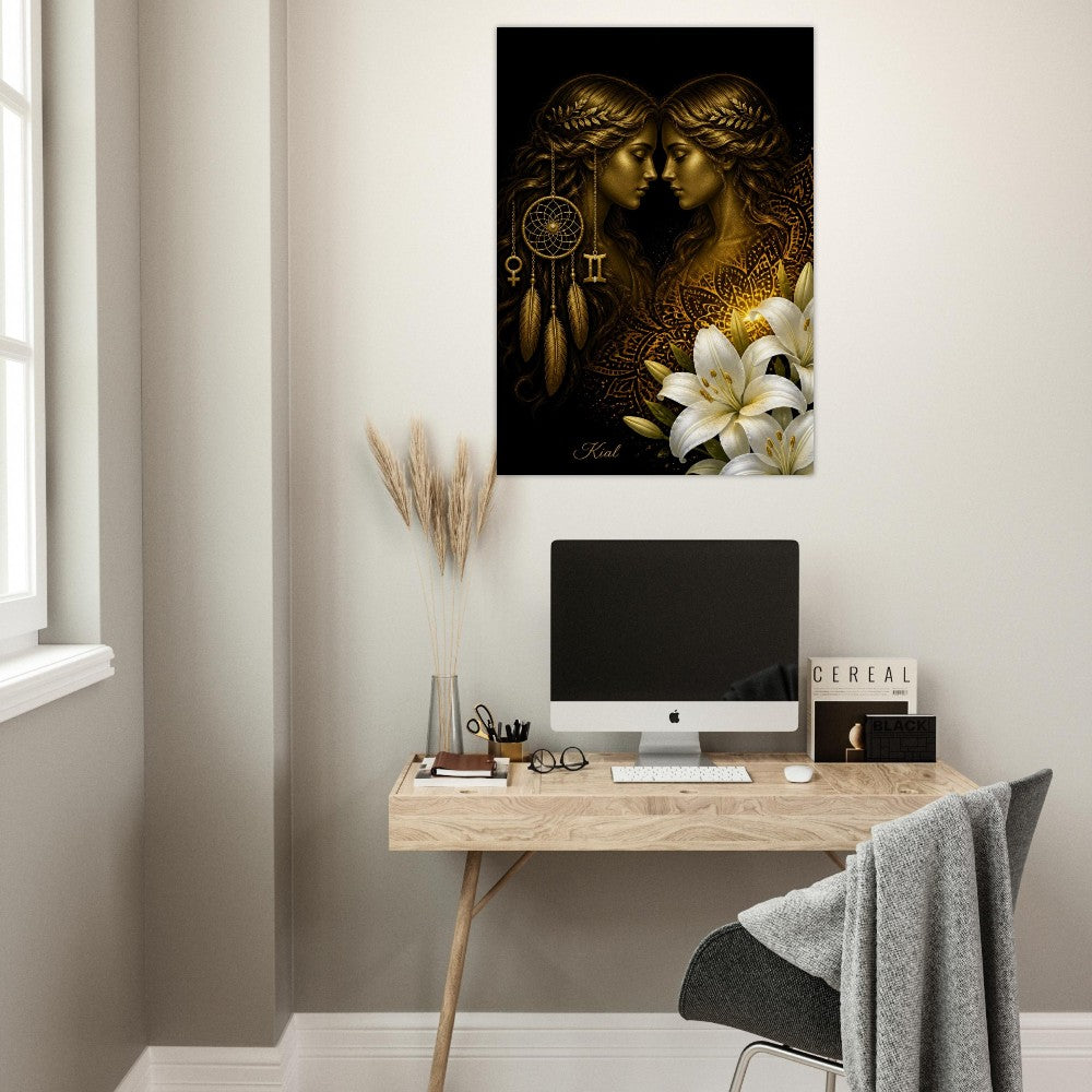Gemini Zodiac Twins Poster, Gold Wall Art, Astrology Canvas, Twins Portrait, Zodiac Gift for Her, Danish Art Studio