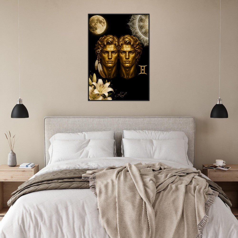 Gemini Zodiac Twins Poster, Gold Wall Art, Astrology Canvas, Twins Portrait, Zodiac Gift for Him, Danish Art Studio