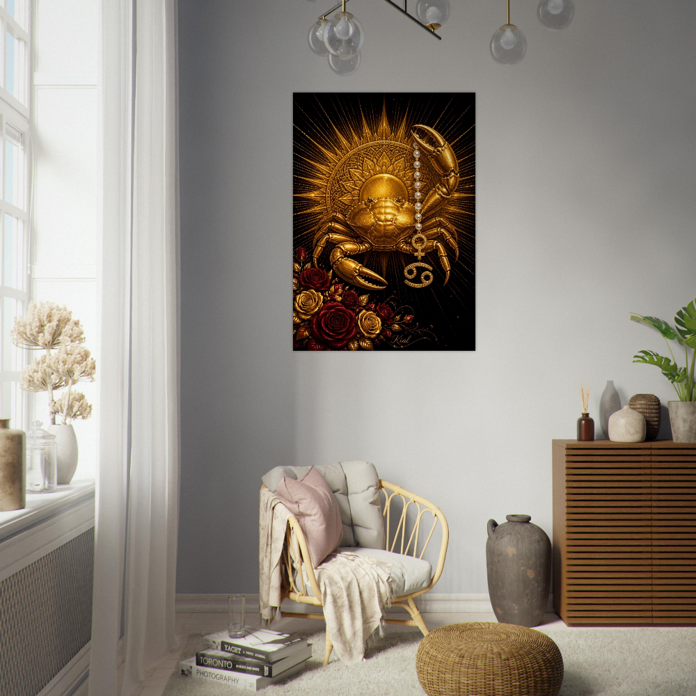 Cancer Zodiac Crab Poster, Gold Wall Art, Astrology Canvas, Crab Portrait, Zodiac Gift for Her, Danish Art Studio