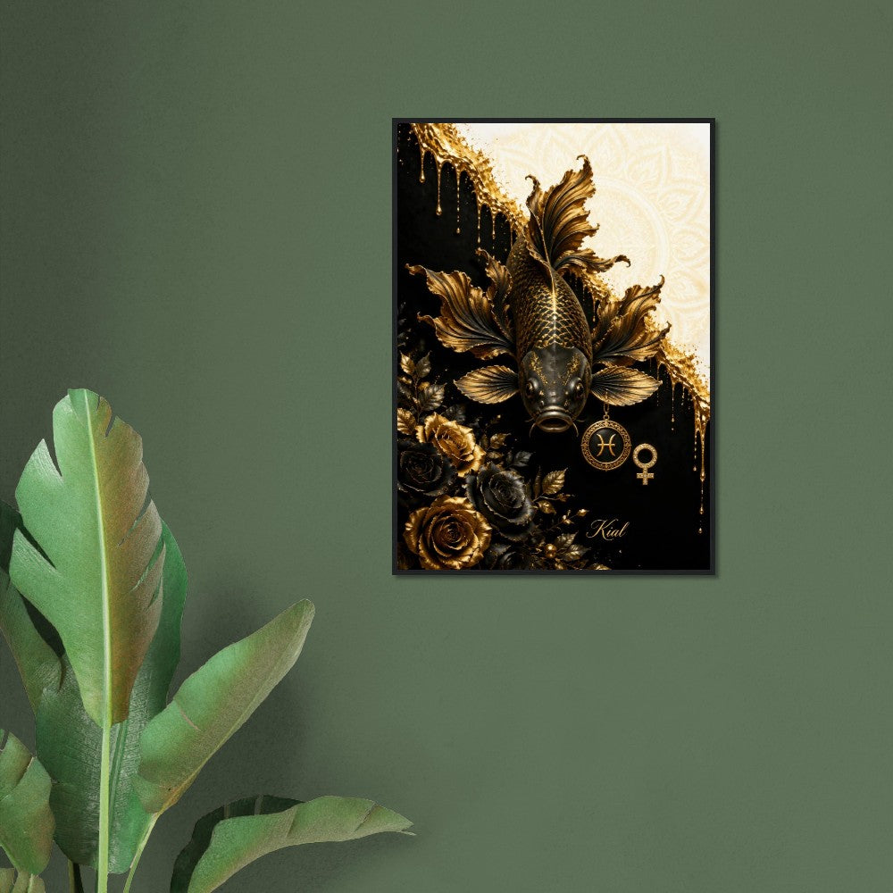 Pisces Zodiac Koi Poster, Gold Wall Art, Astrology Canvas, Koi Portrait, Zodiac Gift for Her, Danish Art Studio