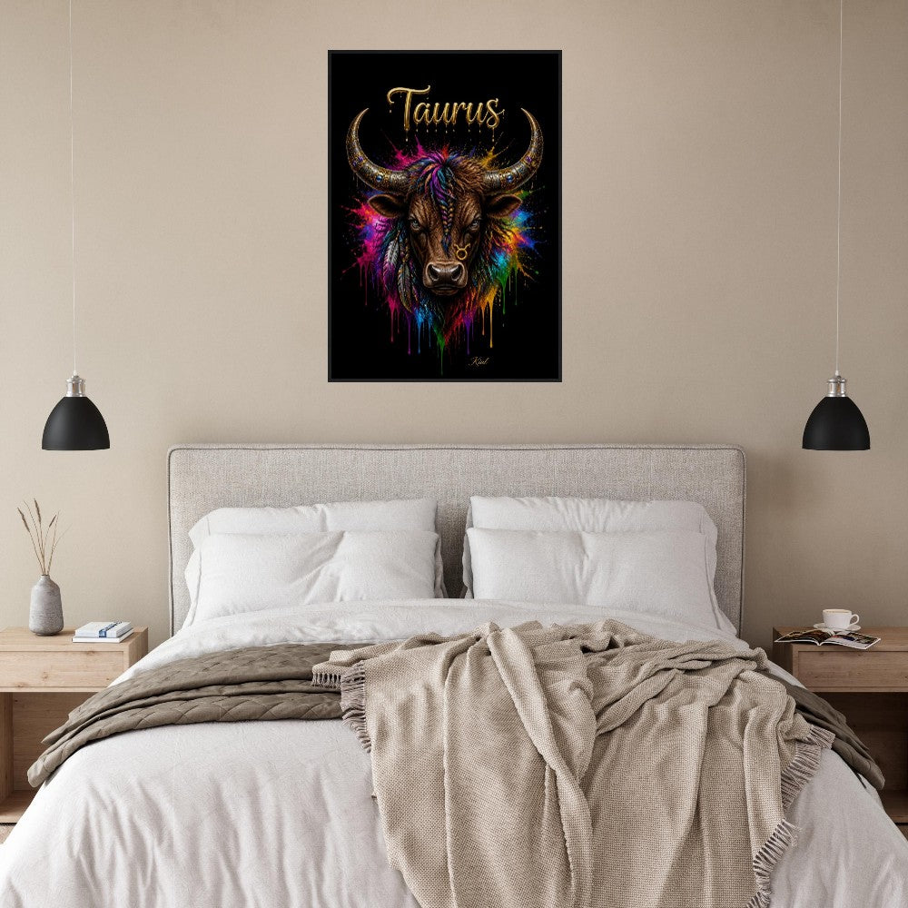 Taurus Neon Zodiac Bull Poster, Colorful Wall Art, Artistic Astrology Canvas, Zodiac Gift for Him, Danish Art Studio