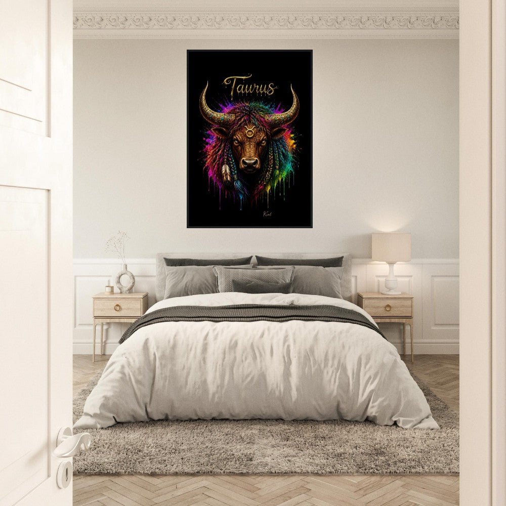 Taurus Neon Zodiac Bull Poster, Colorful Wall Art, Artistic Astrology Canvas, Zodiac Gift for Him, Danish Art Studio