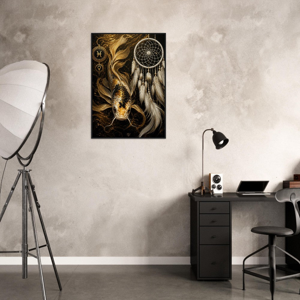 Pisces Zodiac Koi Poster, Gold Wall Art, Astrology Canvas, Koi Portrait, Zodiac Gift for Her, Danish Art Studio