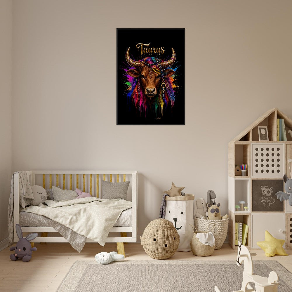 Taurus Neon Zodiac Bull Poster, Colorful Wall Art, Artistic Astrology Canvas, Zodiac Gift for Her, Danish Art Studio