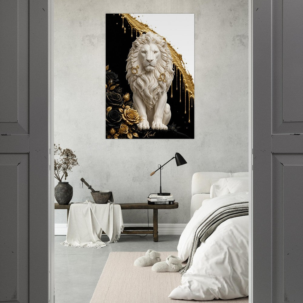 Leo Zodiac Lion Poster, Gold Wall Art, Astrology Canvas, Lion Portrait, Zodiac Gift for Him, Danish Art Studio