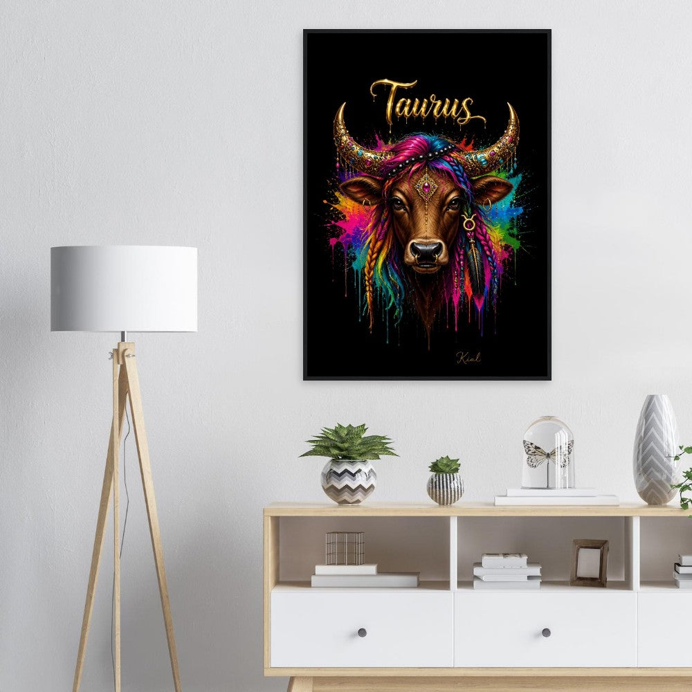 Taurus Neon Zodiac Bull Poster, Colorful Wall Art, Artistic Astrology Canvas, Zodiac Gift for Her, Danish Art Studio