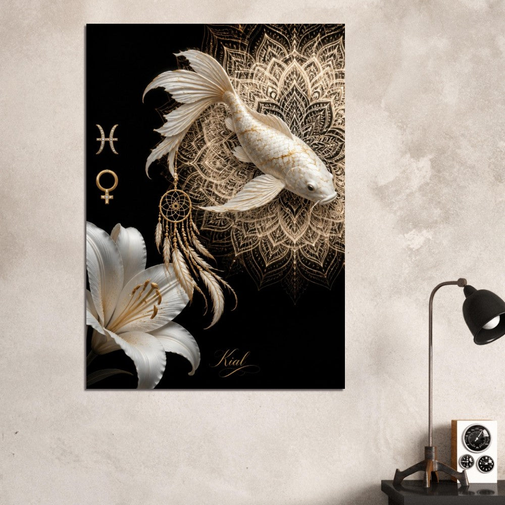 Pisces Zodiac Koi Poster, Gold Wall Art, Astrology Canvas, Koi Portrait, Zodiac Gift for Her, Danish Art Studio