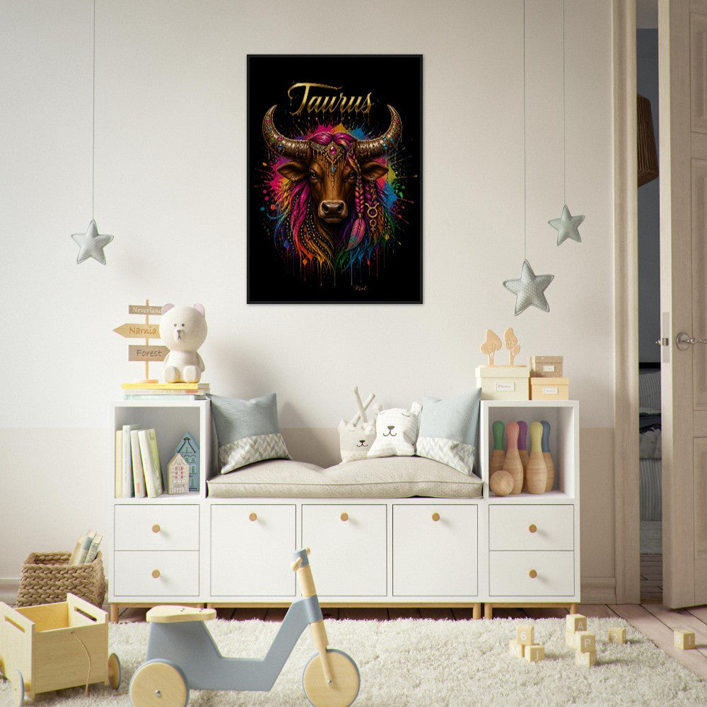 Taurus Neon Zodiac Bull Poster, Colorful Wall Art, Artistic Astrology Canvas, Zodiac Gift for Her, Danish Art Studio