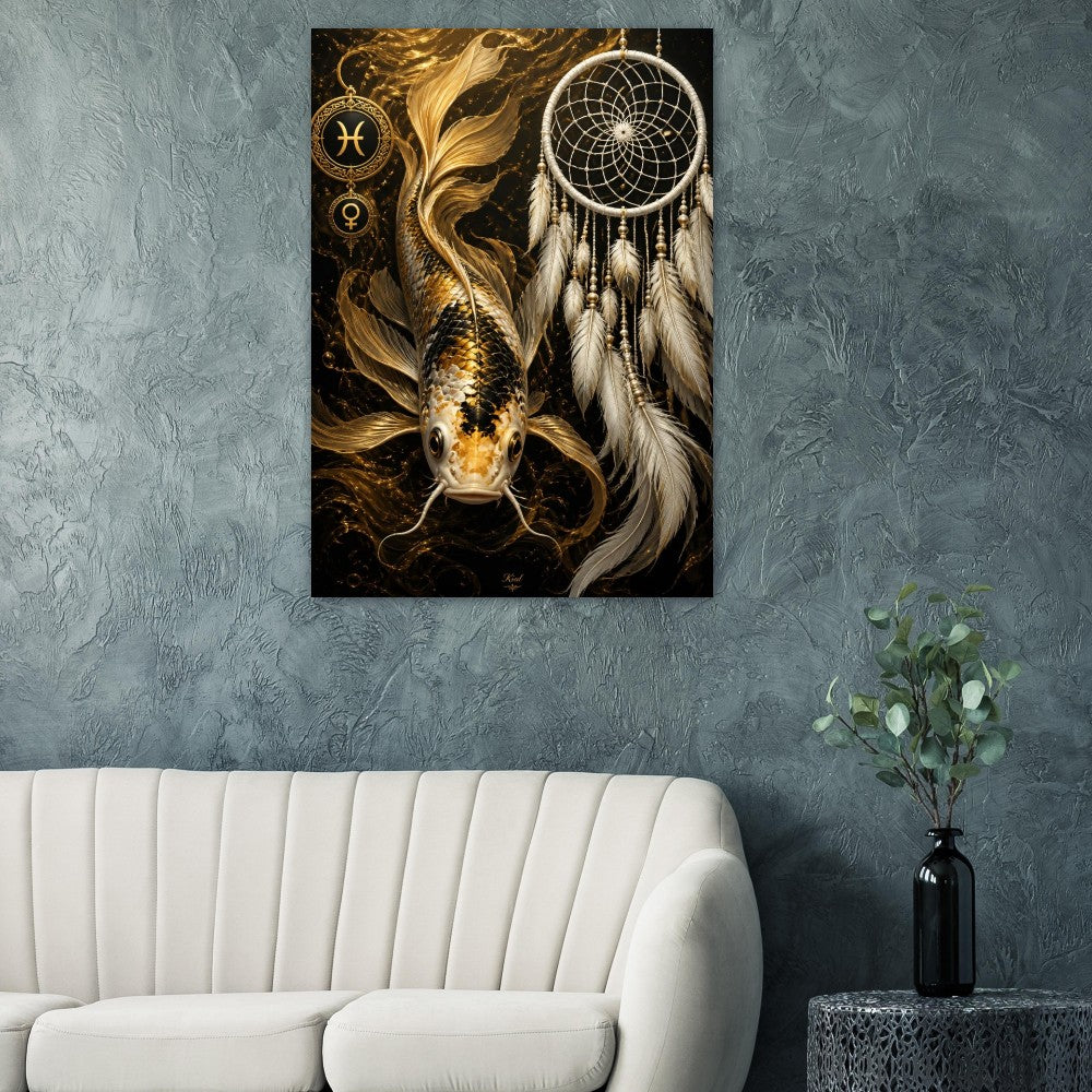 Pisces Zodiac Koi Poster, Gold Wall Art, Astrology Canvas, Koi Portrait, Zodiac Gift for Her, Danish Art Studio