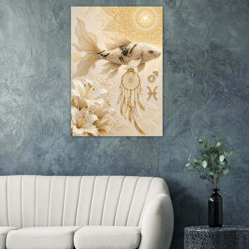 Pisces Zodiac Koi Poster, Gold Wall Art, Astrology Canvas, Koi Portrait, Zodiac Gift for Him, Danish Art Studio