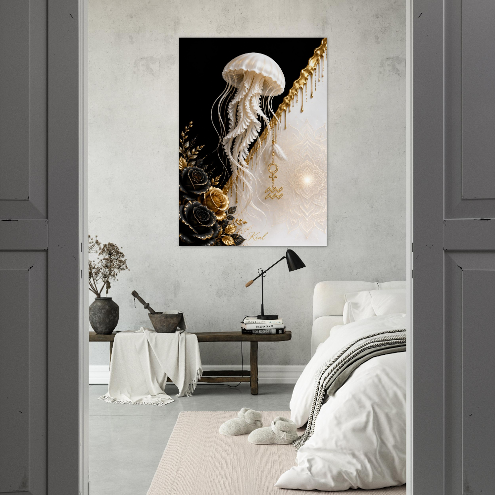 Aquarius Zodiac Jellyfish Poster, Gold Wall Art, Zodiac Gift for Her, Danish Art Studio