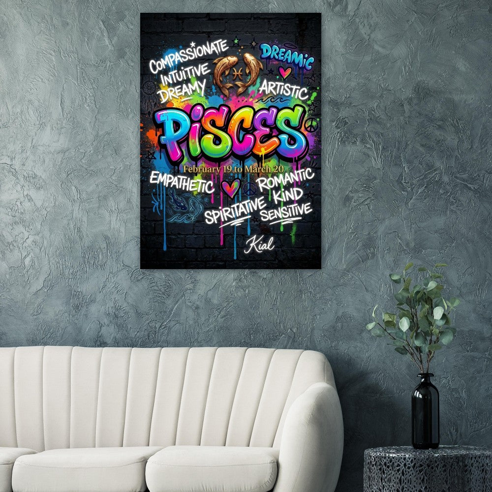 Pisces Neon Graffiti Zodiac Poster, Dark Background, Colorful Street Art, Zodiac Gift for Her, Danish Art Studio