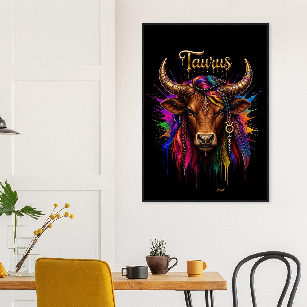 Taurus Neon Zodiac Bull Poster, Colorful Wall Art, Artistic Astrology Canvas, Zodiac Gift for Her, Danish Art Studio