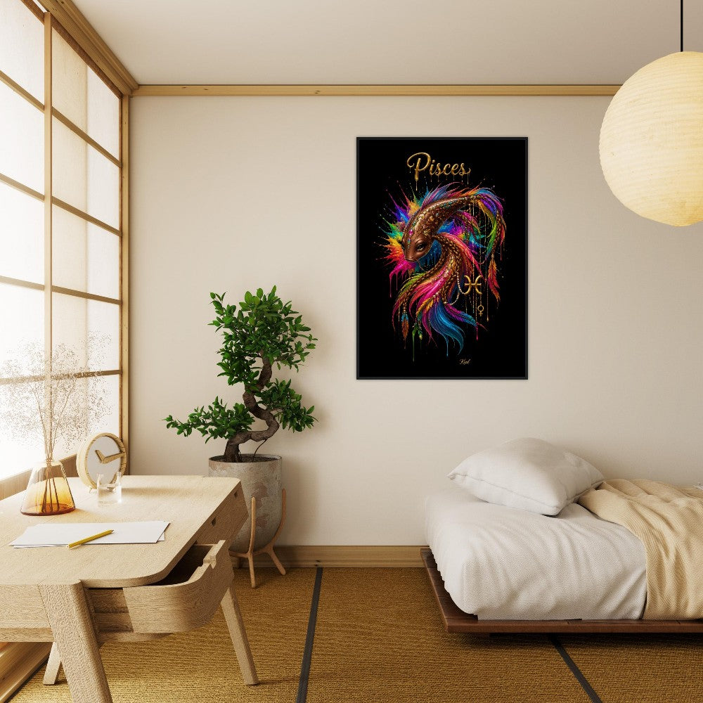 Pisces Neon Zodiac Koi Poster, Colorful Wall Art, Artistic Astrology Canvas, Zodiac Gift for Her, Danish Art Studio