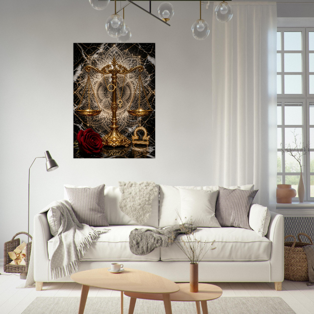 Libra Zodiac Scales Poster, Gold Wall Art, Astrology Canvas, Scales Portrait, Zodiac Gift for Her, Danish Art Studio