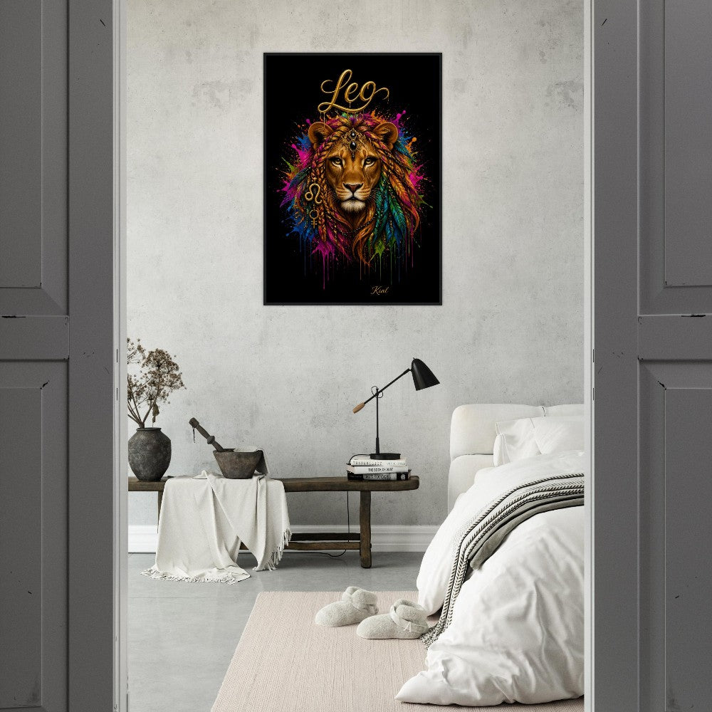 Leo Neon Zodiac Löwen Poster, Bunte Wandkunst, Künstlerische Astrologie Leinwand, Tierkreisgeschenk für Sie, Dänisches Kunststudio