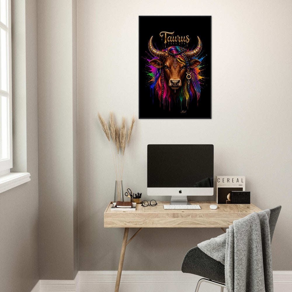 Taurus Neon Zodiac Bull Poster, Colorful Wall Art, Artistic Astrology Canvas, Zodiac Gift for Her, Danish Art Studio