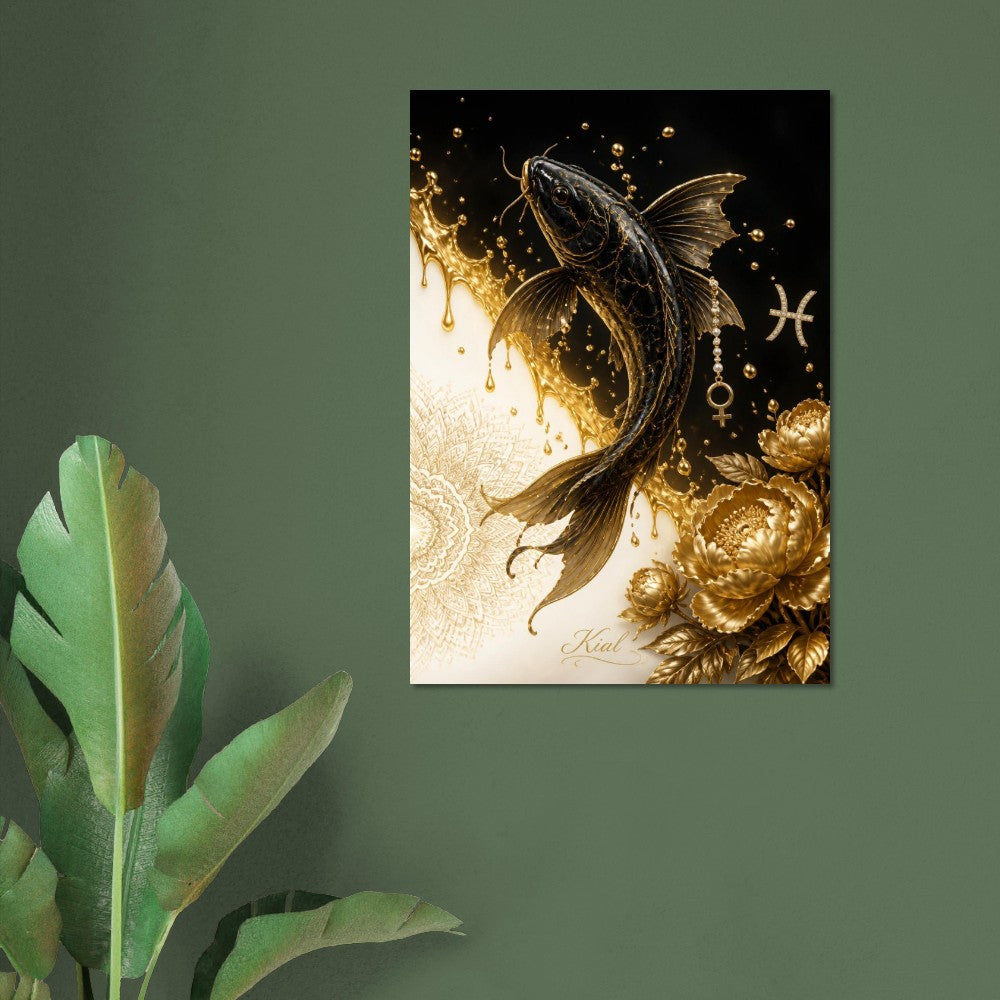 Pisces Zodiac Koi Poster, Gold Wall Art, Astrology Canvas, Koi Portrait, Zodiac Gift for Her, Danish Art Studio