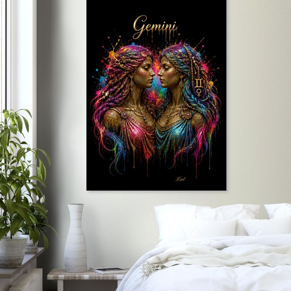 Gemini Neon Zodiac Tvillinger Plakat, Farverig Vægkunst, Kunstnerisk Astrologi Lærred, Horoskop Gave til Hende, Danish Art Studio