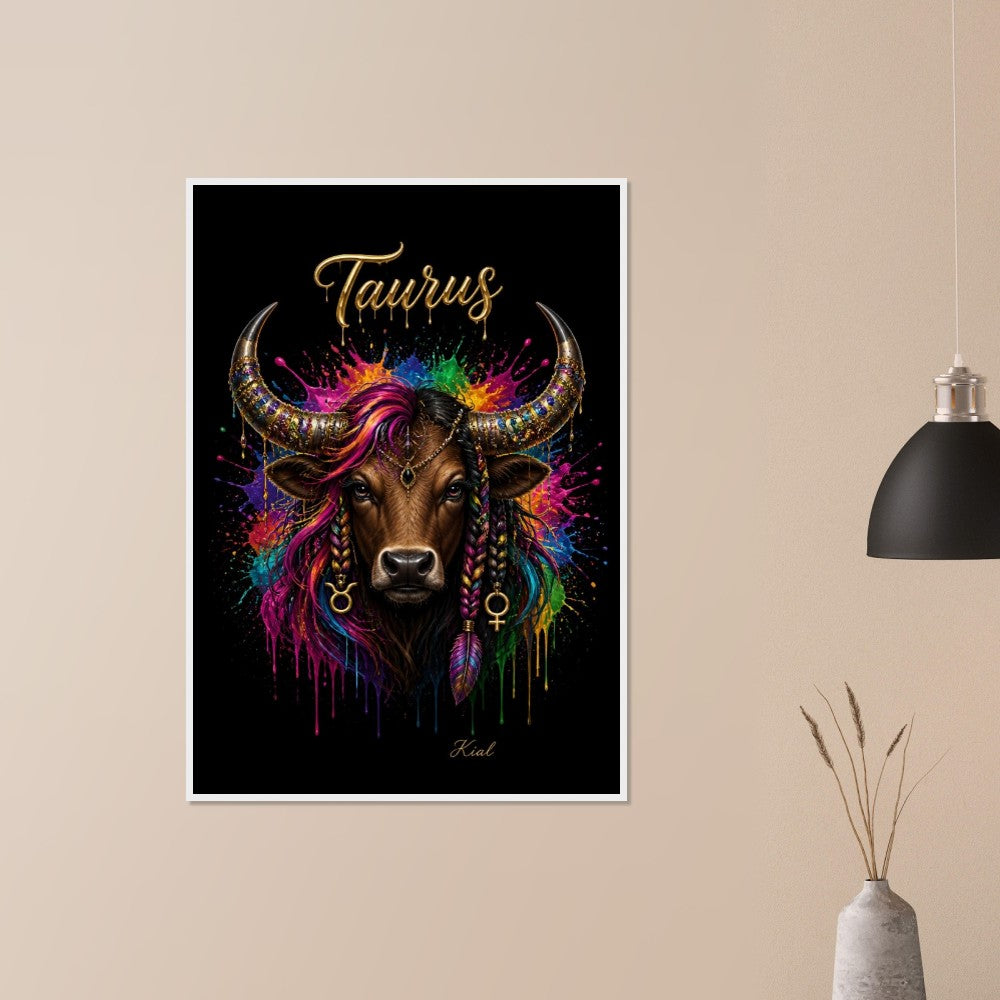 Taurus Neon Zodiac Bull Poster, Colorful Wall Art, Artistic Astrology Canvas, Zodiac Gift for Her, Danish Art Studio