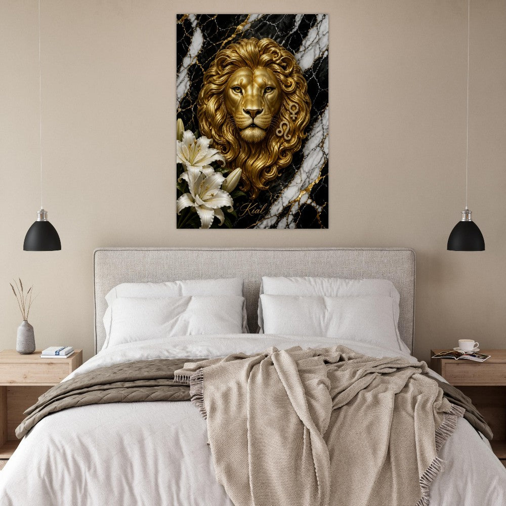 Leo Zodiac Lion Poster, Gold Wall Art, Astrology Canvas, Lion Portrait, Zodiac Gift for Her, Danish Art Studio