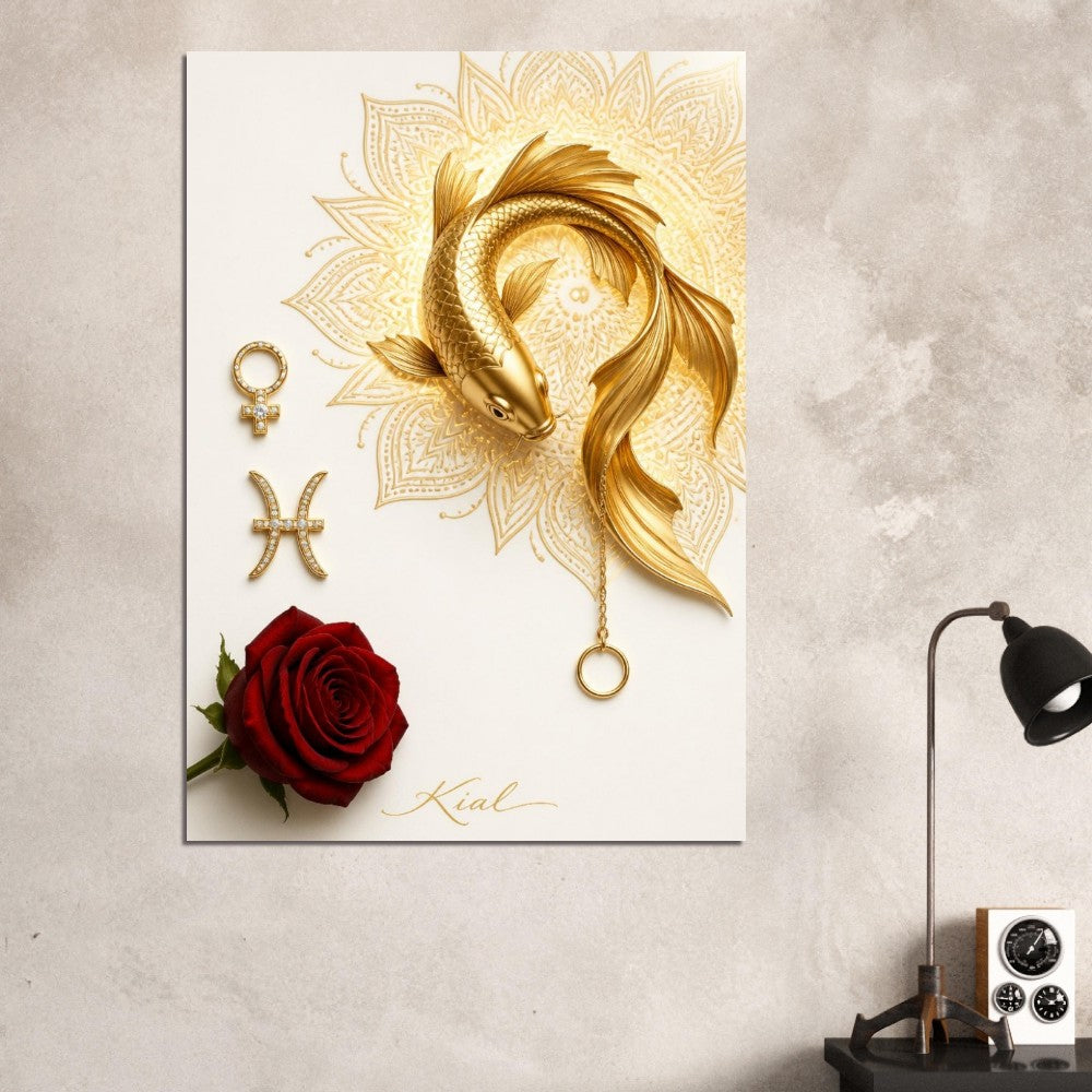 Pisces Zodiac Koi Poster, Gold Wall Art, Astrology Canvas, Koi Portrait, Zodiac Gift for Her, Danish Art Studio