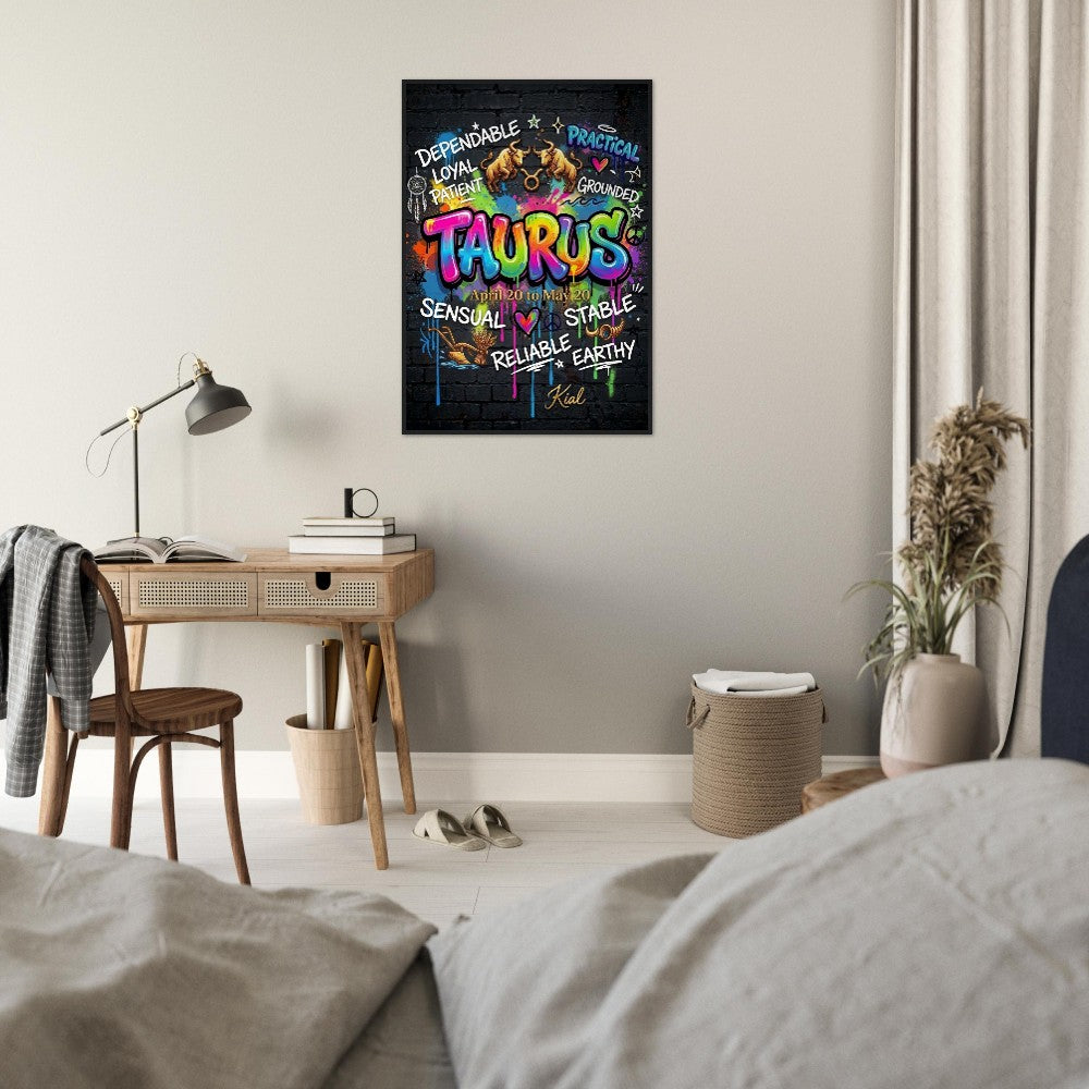 Taurus Neon Graffiti Zodiac Poster, Dark Background, Colorful Street Art, Zodiac Gift for Her, Danish Art Studio