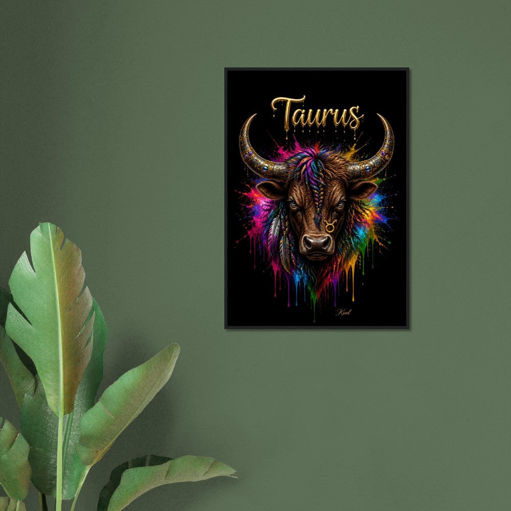 Taurus Neon Zodiac Bull Poster, Colorful Wall Art, Artistic Astrology Canvas, Zodiac Gift for Him, Danish Art Studio