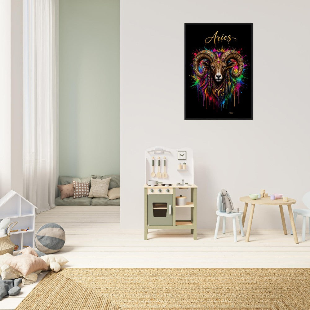 Aries Neon Zodiac Ram Poster, Colorful Wall Art, Artistic Astrology Canvas, Zodiac Gift for Him, Danish Art Studio