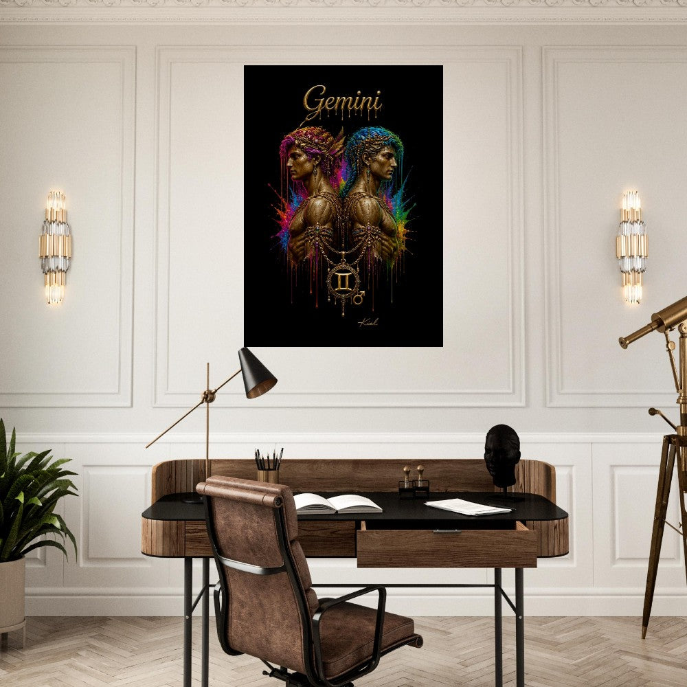 Gemini Neon Zodiac Twins Plakat, Farverig Vægkunst, Kunstnerisk Astrologi Lærred, Stjernetegnsgave til Ham, Danish Art Studio