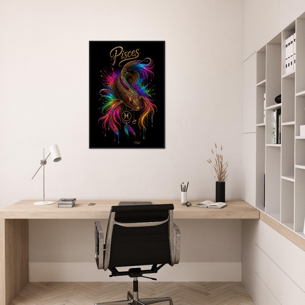 Pisces Neon Zodiac Koi Poster, Colorful Wall Art, Artistic Astrology Canvas, Zodiac Gift for Him, Danish Art Studio