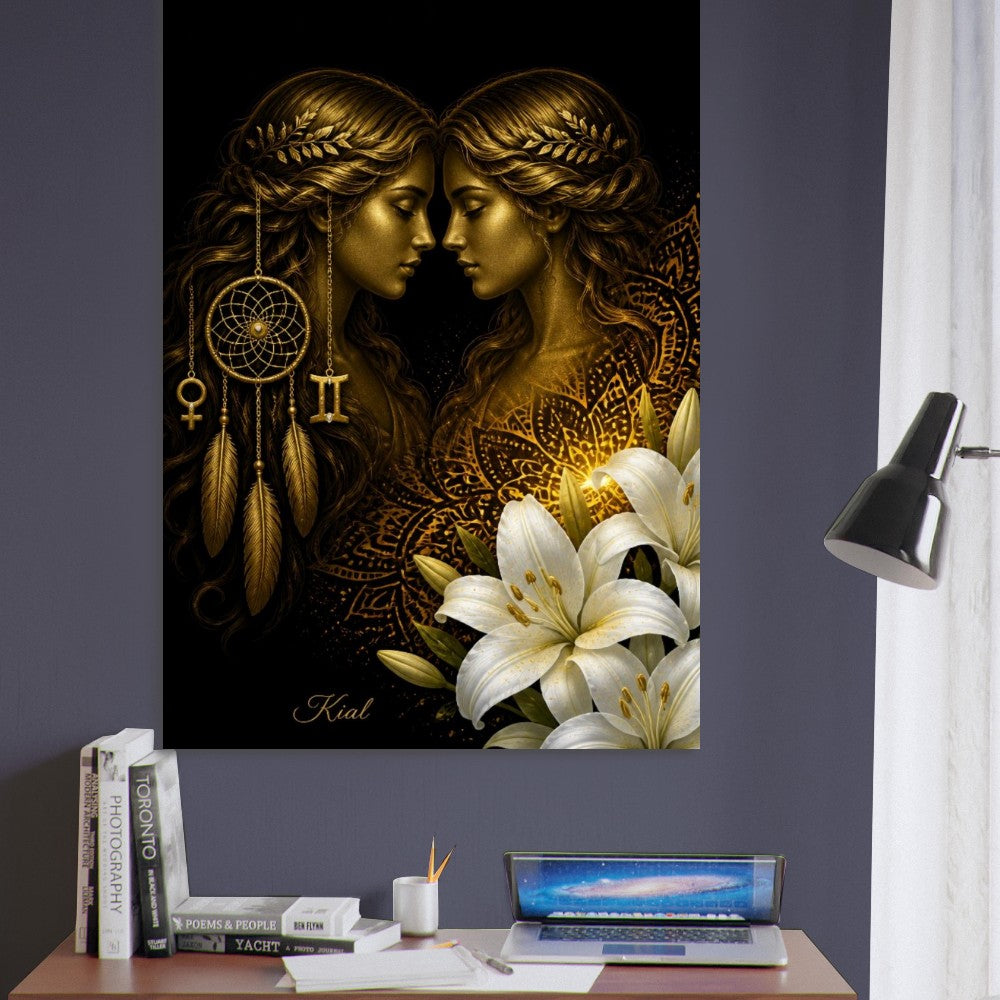 Gemini Zodiac Twins Poster, Gold Wall Art, Astrology Canvas, Twins Portrait, Zodiac Gift for Her, Danish Art Studio