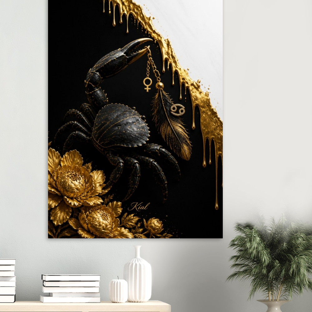 Cancer Zodiac Crab Poster, Gold Wall Art, Astrology Canvas, Crab Portrait, Zodiac Gift for Her, Danish Art Studio