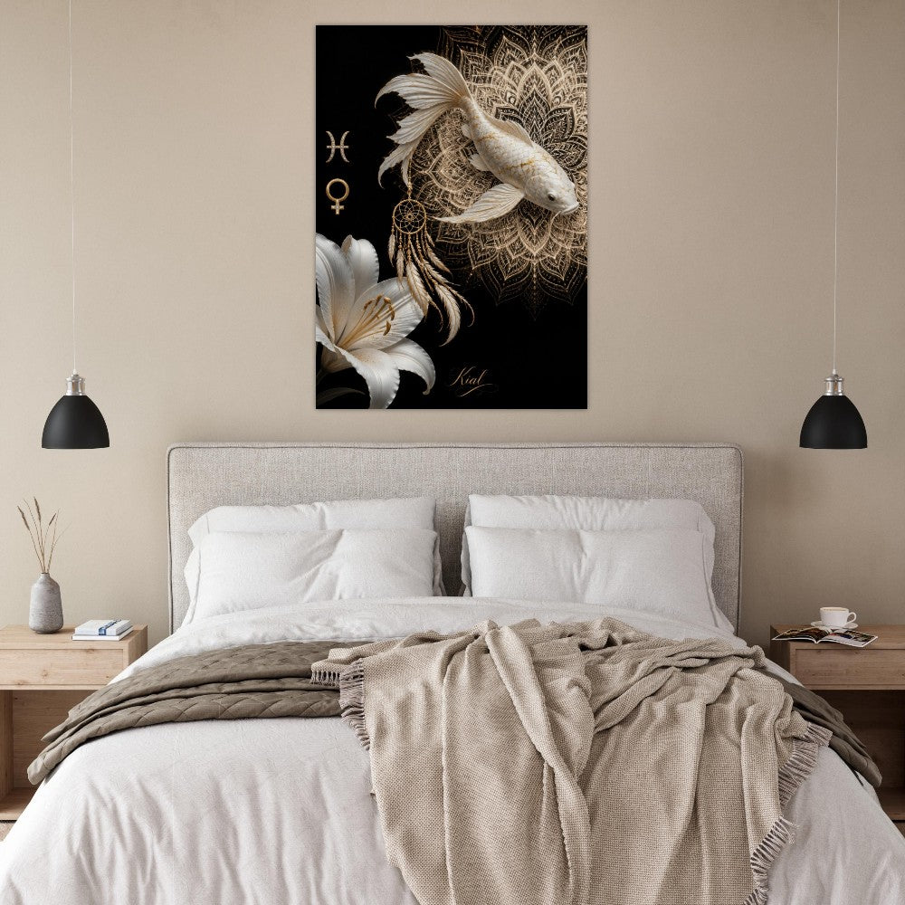 Pisces Zodiac Koi Poster, Gold Wall Art, Astrology Canvas, Koi Portrait, Zodiac Gift for Her, Danish Art Studio