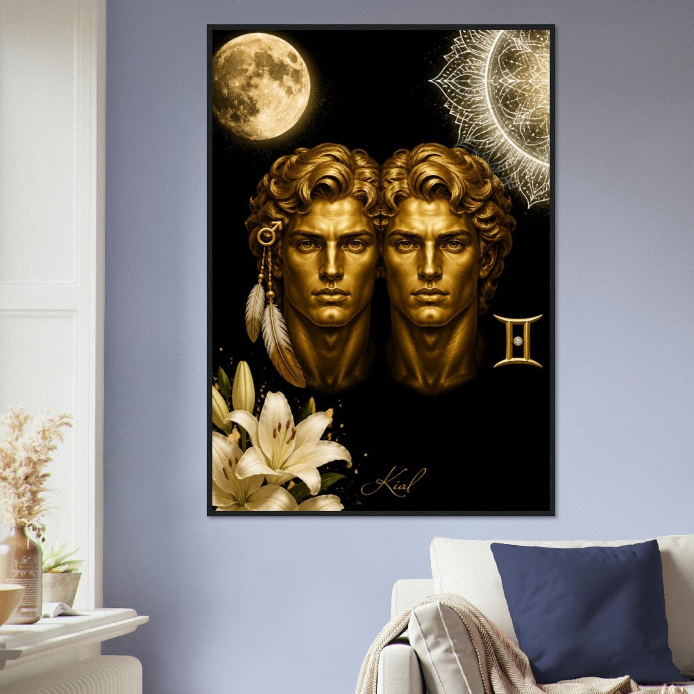 Gemini Zodiac Twins Poster, Gold Wall Art, Astrology Canvas, Twins Portrait, Zodiac Gift for Him, Danish Art Studio