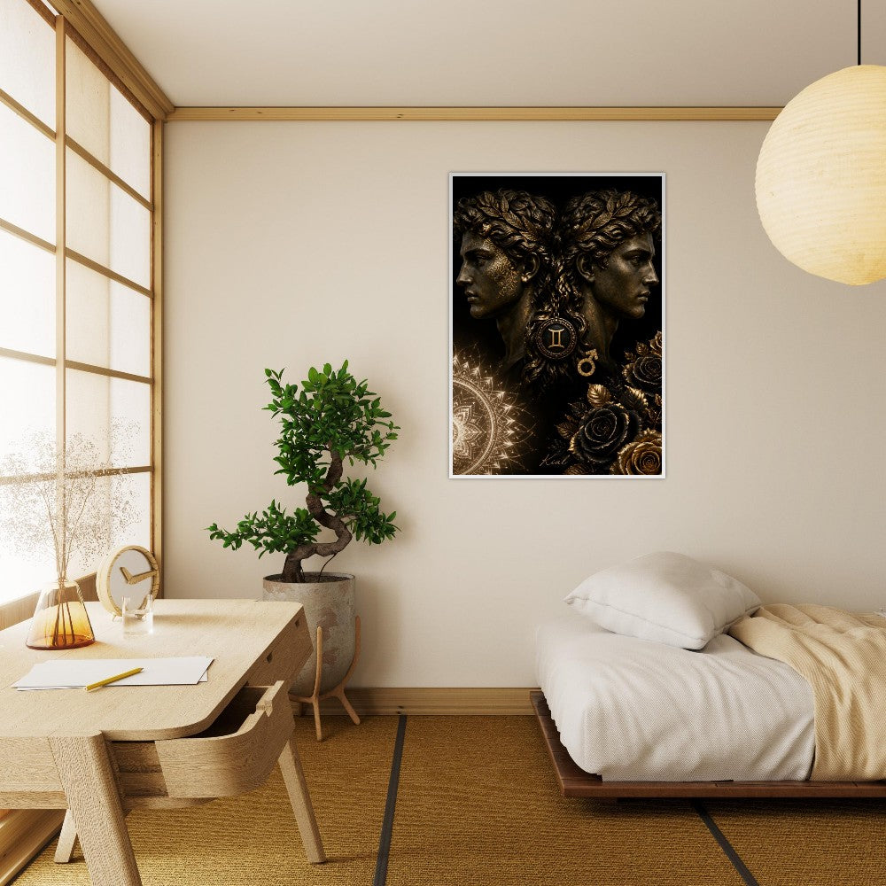 Gemini Zodiac Twins Poster, Gold Wall Art, Astrology Canvas, Twins Portrait, Zodiac Gift for Him, Danish Art Studio