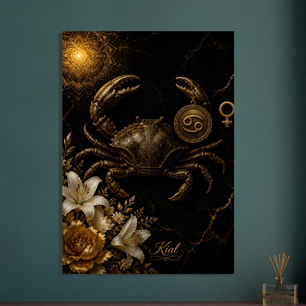 Cancer Zodiac Crab Poster, Gold Wall Art, Astrology Canvas, Crab Portrait, Zodiac Gift for Her, Danish Art Studio