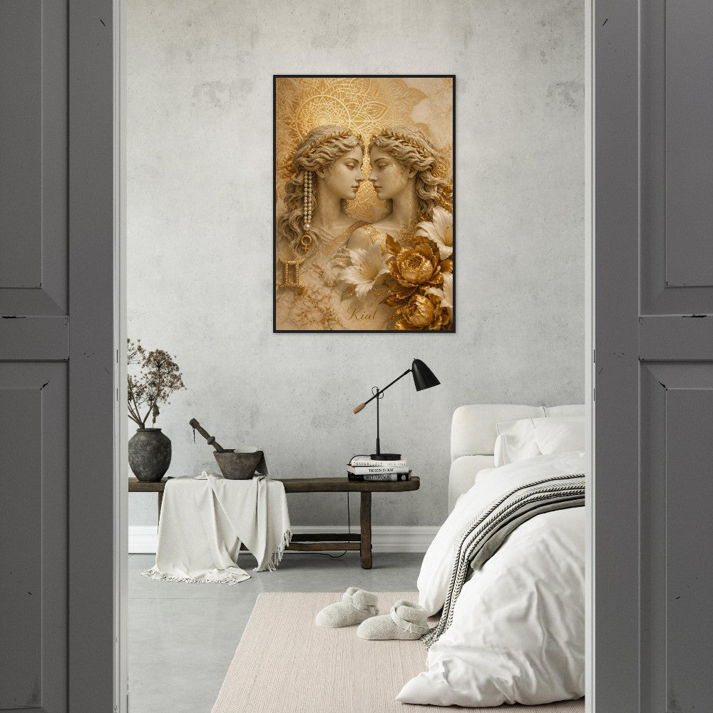 Gemini Zodiac Twins Poster, Gold Wall Art, Astrology Canvas, Twins Portrait, Zodiac Gift for Her, Danish Art Studio