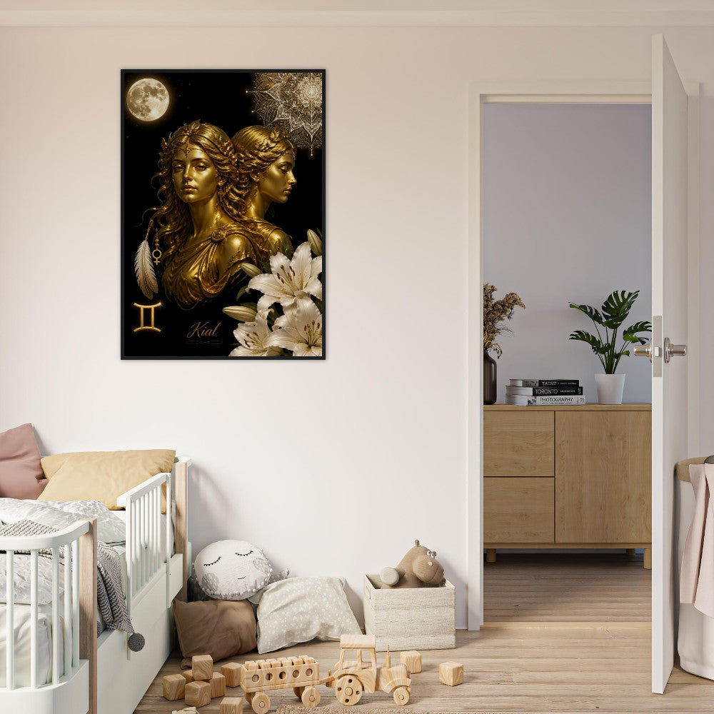 Gemini Zodiac Twins Poster, Gold Wall Art, Astrology Canvas, Twins Portrait, Zodiac Gift for Her, Danish Art Studio