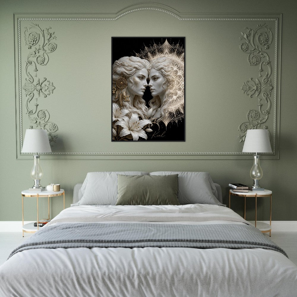 Gemini Zodiac Twins Poster, Gold Wall Art, Astrology Canvas, Twins Portrait, Zodiac Gift for Her, Danish Art Studio
