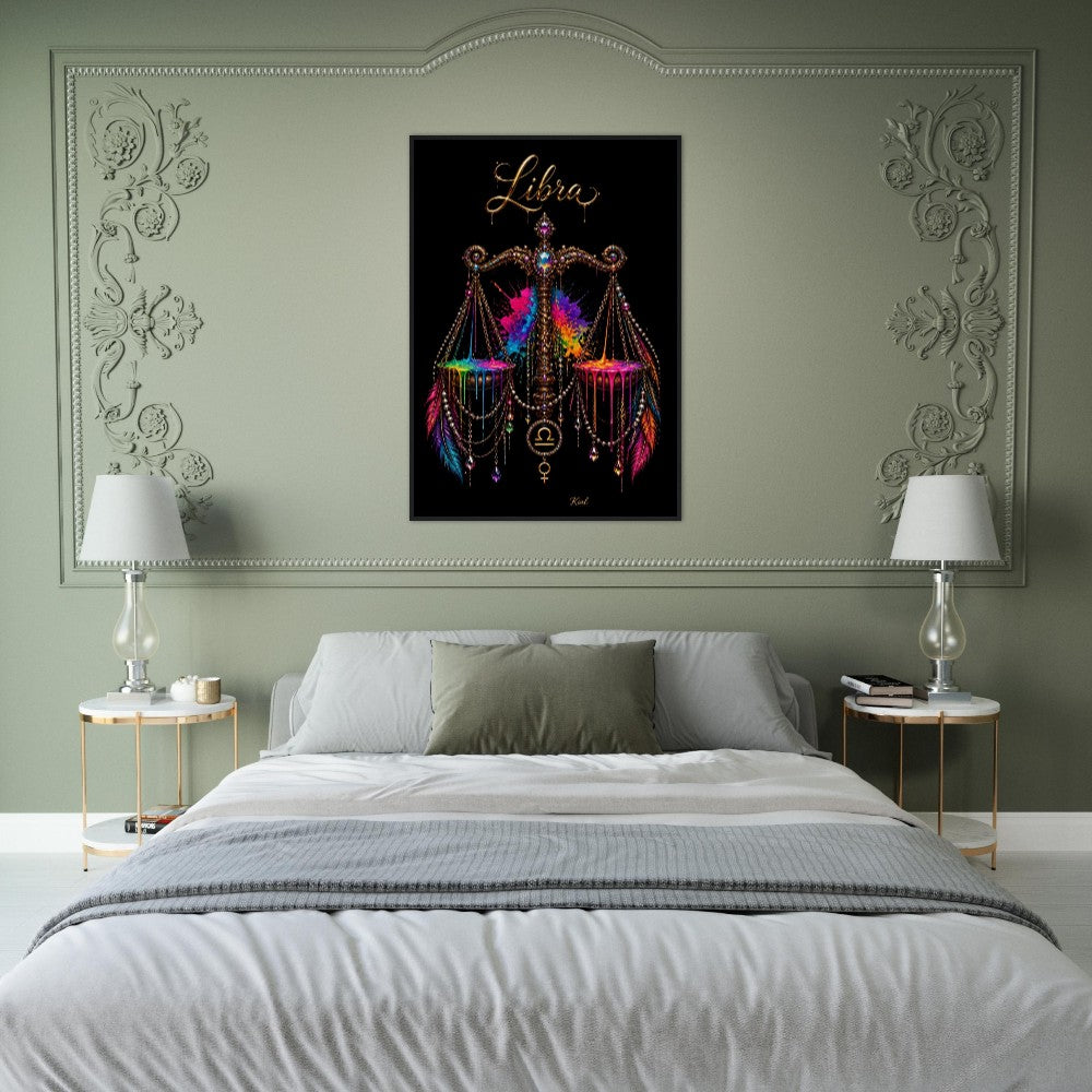 Libra Neon Zodiac Scales Poster, Colorful Wall Art, Artistic Astrology Canvas, Zodiac Gift for Her, Danish Art Studio