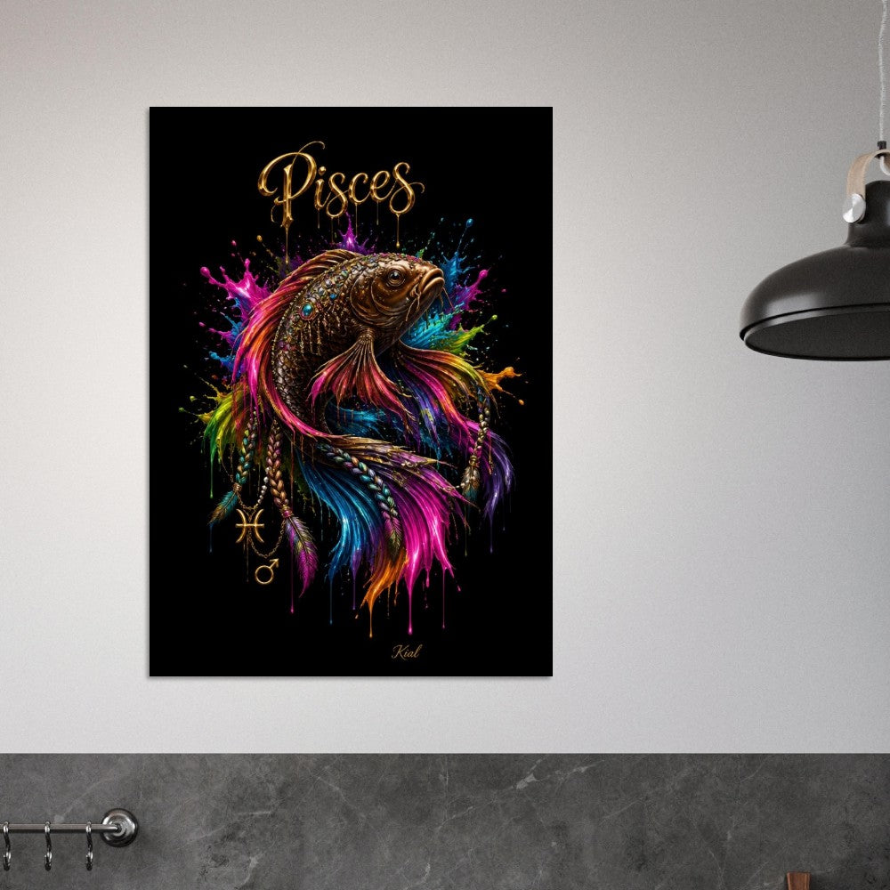 Pisces Neon Zodiac Koi Poster, Colorful Wall Art, Artistic Astrology Canvas, Zodiac Gift for Him, Danish Art Studio