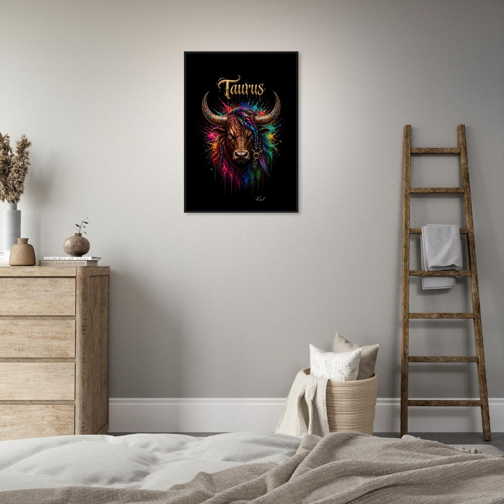 Taurus Neon Zodiac Bull Poster, Colorful Wall Art, Artistic Astrology Canvas, Zodiac Gift for Him, Danish Art Studio